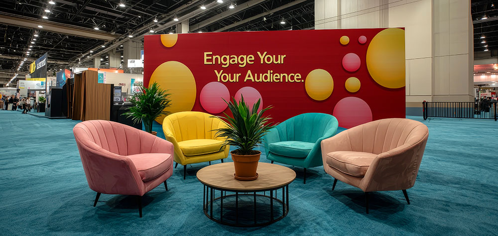 Trade show event with large poster saying engage your audience